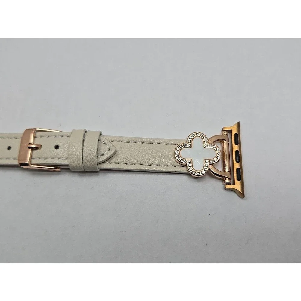 BCBG Apple Watch Cream Band White Clover Rhinestone 38 40 41mm Rose Gold Tone